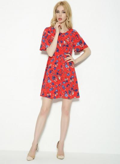 Oasap Round Neck Short Sleeve Floral Print Dress