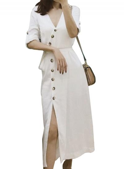 Oasap Fashion Half Sleeve Tie Waist V Neck Dress With Buttons