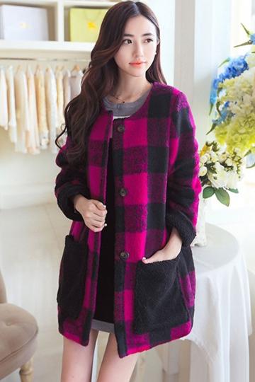 Oasap Contrast Checkered Loose Fit Wool Coat