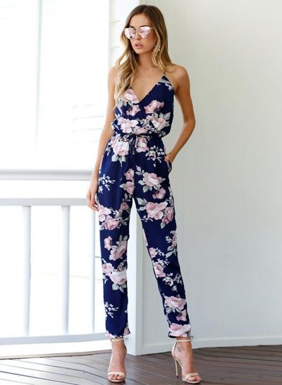 Oasap Floral Printed V Neck Sleeveless Backless Jumpsuit