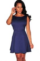 Oasap Navy-blue Textured Open Sides Skater Dress