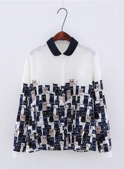 Oasap Turn Down Collar Cats Printed Chiffon Shirts