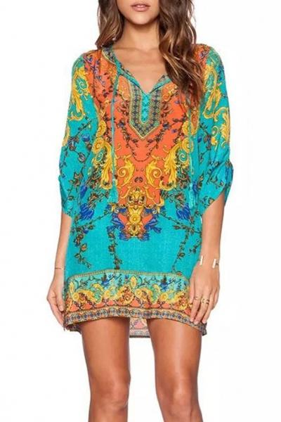 Oasap Baroque Floral Print Loose Mini Dress
