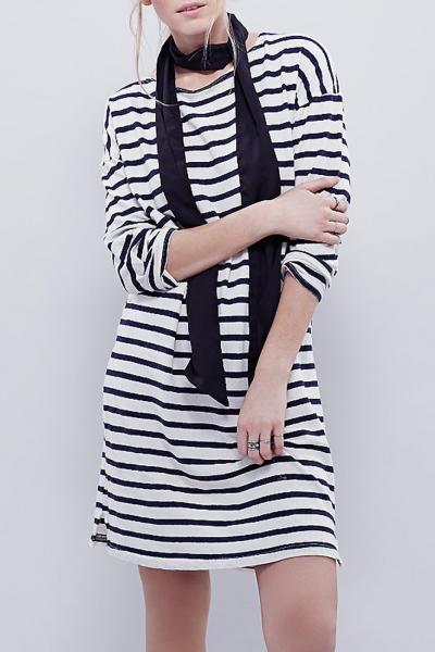Oasap Classic Stripe Round Neck Stretch Knit Trapeze Dress