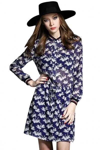 Oasap Grace Swan Print Drawstring Shirt Dress