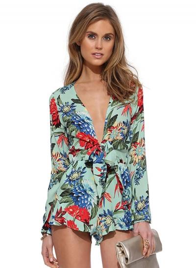 Oasap Fashion Floral Deep V Neck Long Sleeve Chiffon Romper