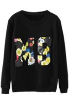 Oasap Black Floral Trim Sweatshirt