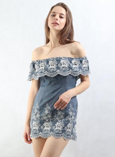 Oasap Off Shoulder Ruffle Floral Embroidery Denim Mini Dress