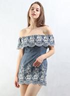 Oasap Off Shoulder Ruffle Floral Embroidery Denim Mini Dress