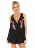 Oasap Sleeveless V Neck Floral Embroidery Romper
