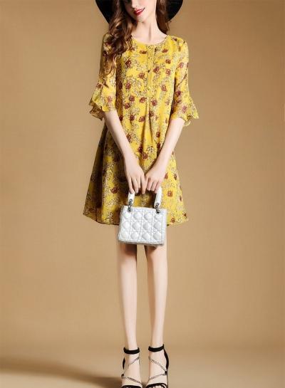 Oasap Floral Print Flare Sleeve Dress