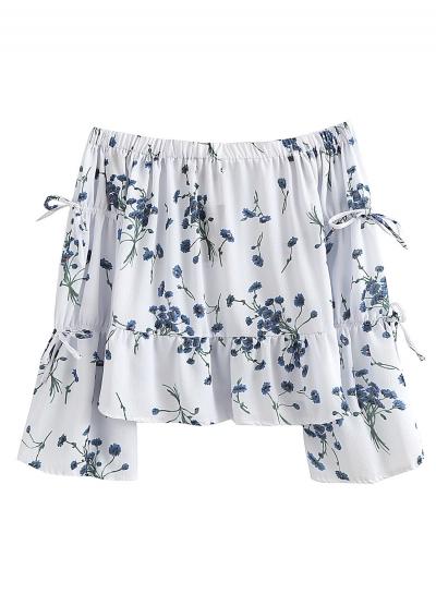Oasap Slash Neck Flare Sleeve Floral Printed Blouse