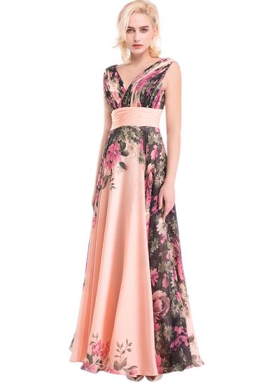 Oasap Women's V Neck Floral Print Evening Bridesmaid Ball Gown Dress