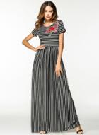 Oasap Floral Embroidery Round Neck Short Sleeve Striped Maxi Dress
