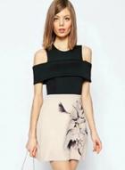 Oasap Off Shoulder Color Block Floral Printed Dress