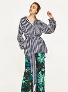 Oasap Striped Loose Fit Long Sleeve Shirt With Belt