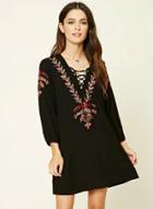 Oasap V Neck Floral Embroidery Lace Up Mini Dress