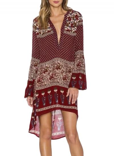 Oasap Women's Vintage Floral Print Deep V Asymmetric Dress