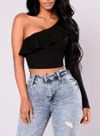 Oasap One Shoulder Long Sleeve Solid Color Crop-top