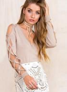 Oasap Deep V Lace Up Knit Top