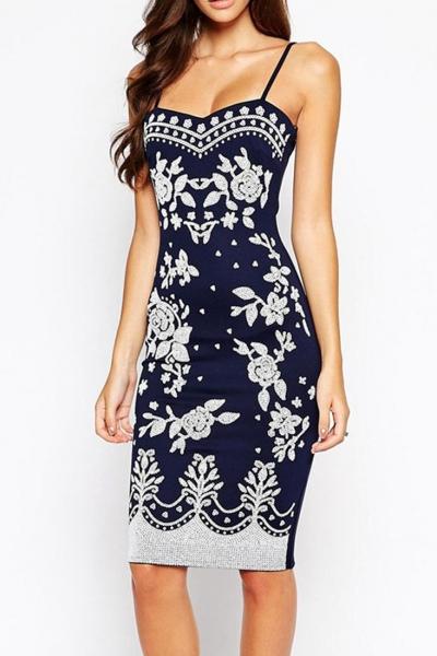 Oasap Navy Spaghetti Straps Floral Print Midi Dress
