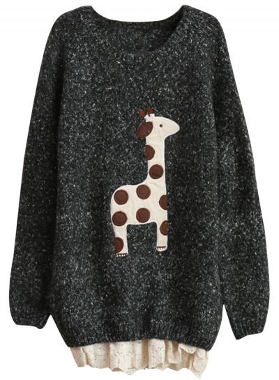 Oasap Women's Long Sleeve Giraffe Print Lace Hem Sweater