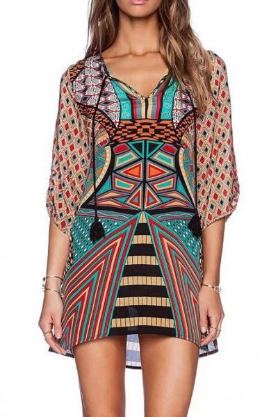 Oasap Vintage Tribal Print Sheer Shift Dress