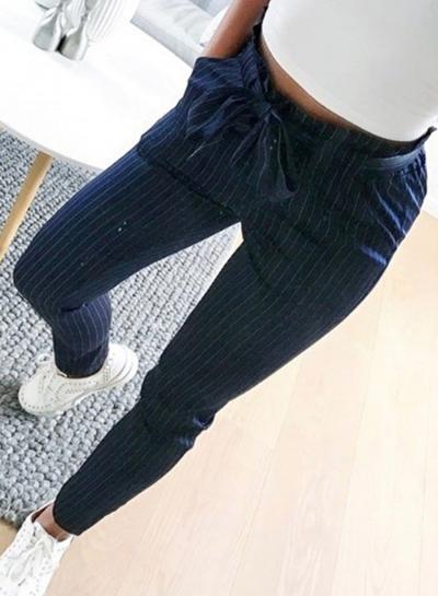 Oasap Fashion Striped Midi Waist Straight Pants With Pocket And Belt