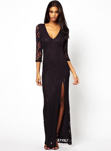 Oasap Deep V Asymmetric Slit Front Lace Maxi Dress