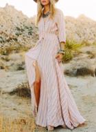 Oasap Stripe V Neck 3/4 Sleeve High Slit Maxi Dress