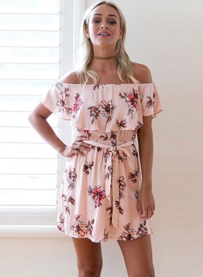 Oasap Slash Neck Flounce Hem Floral Printed Dresses