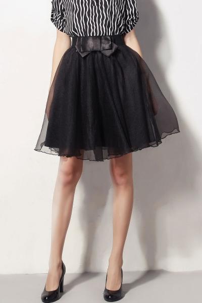 Oasap Black Bowknot Wasit Mesh Swing Skirt