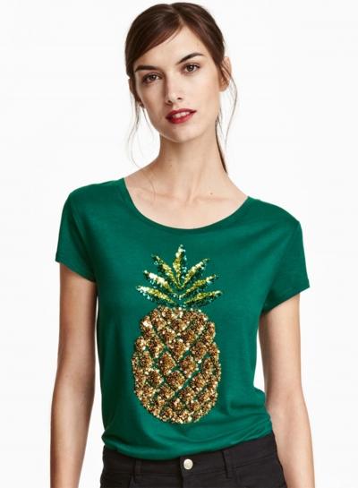 Oasap Round Neck Pineapple Pattern Sequin Tee Shirt