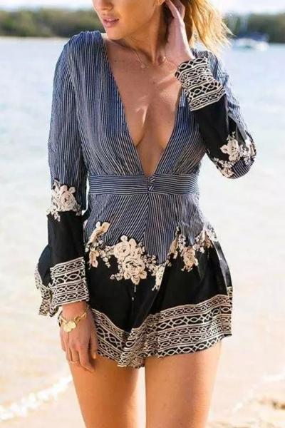 Oasap Hot Deep V Floral Print Asymmetric Rayon Romper