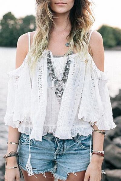 Oasap Chic Crochet Trim Off The Shoulder Blouse