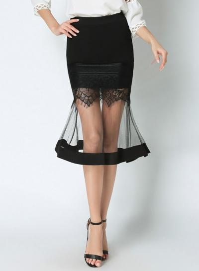Oasap High Waist Lace Splicing Net Yarn Bodycon Skirt