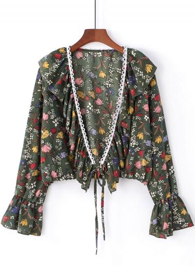 Oasap Deep V Neck Flare Sleeve Floral Printed Lace Up Blouse