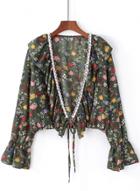 Oasap Deep V Neck Flare Sleeve Floral Printed Lace Up Blouse