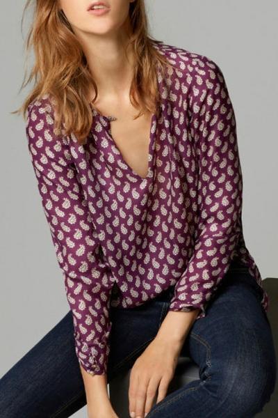 Oasap Paisley Pattern Open Neckline Blouse