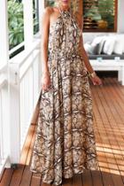 Oasap Charming Texture Printed Haler Split Swing Maxi Dress
