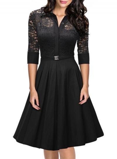 Oasap Elegant Lace Panel 3/4 Sleeve A-line Pleated Dress