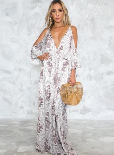 Oasap Deep V Neck Off Shoulder Spaghetti Strap Maxi Dress