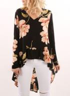 Oasap V Neck Long Sleeve Floral Print High Low Blouse
