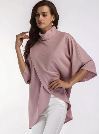 Oasap High Neck Half Sleeve Solid Color Slit Tee Shirt