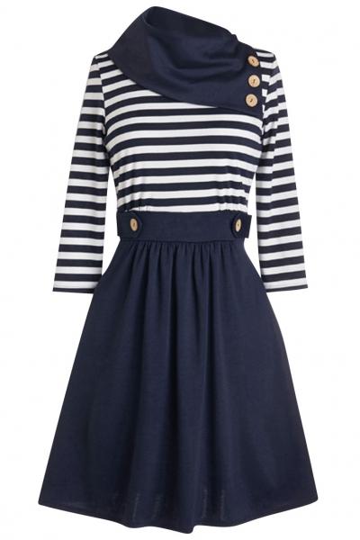 Oasap Fashion Striped Oblique Neckline Combo Dress