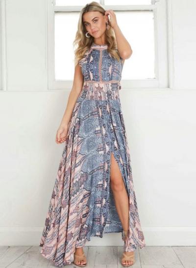 Oasap Off Shoulder Sleeveless Backless High Slit Maxi Dress
