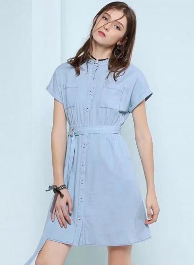 Oasap Casual Short Sleeve Denim Shirt Dress With Belt