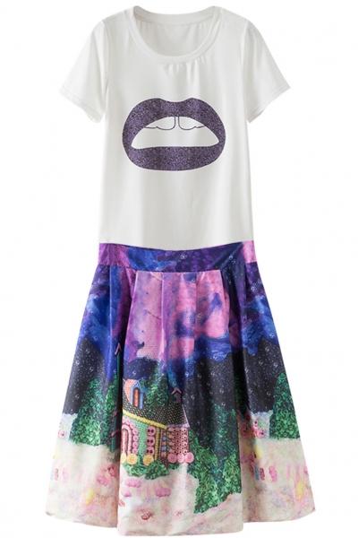 Oasap Cartoon Lip Print Top Pleated Skirt Sets