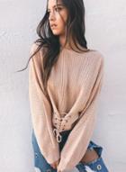 Oasap Slash Neck Long Sleeve Lace Up Sweaters