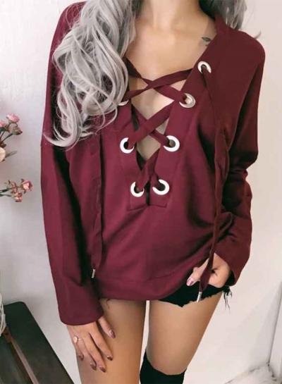 Oasap V Neck Lace-up Loose Fit Sweatshirt